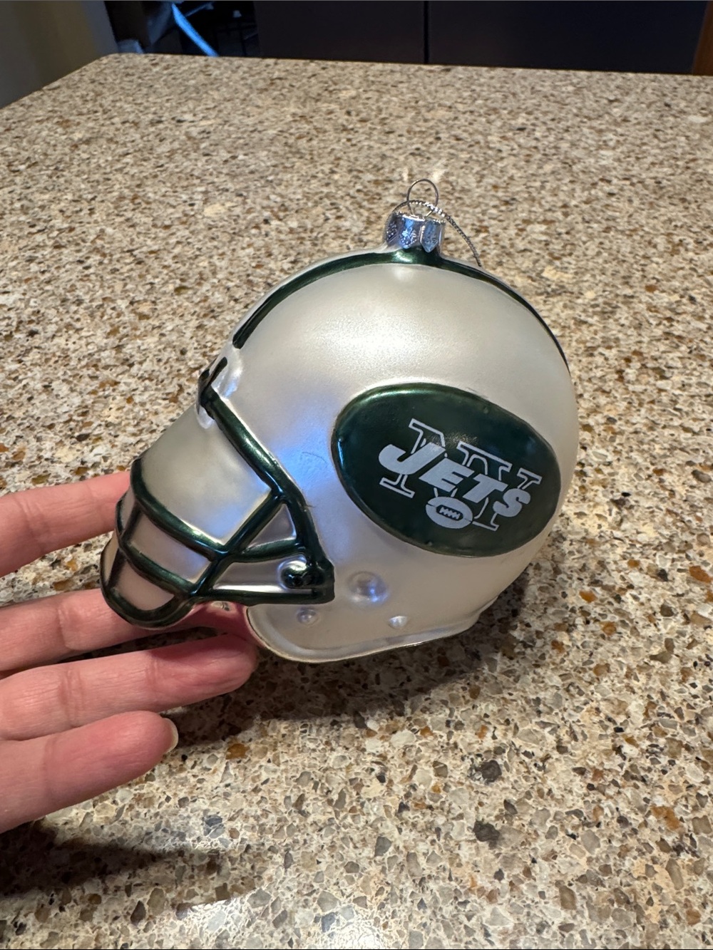 NFL New York Jets Silver and Green Helmet Ornament Blown Glass
